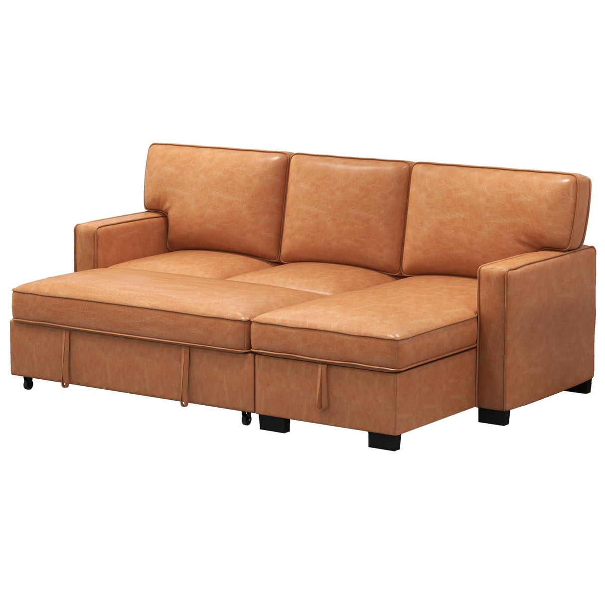 EBELLO Convertible Sleeper Sofa 3 in 1, Faux Leather Modern L-Shaped Couches for Living Room, Pull Out Sectional Futon Sofa Bed with Storage Space, USB Ports and Cup Holders for Bedroom, Brown EBELLO