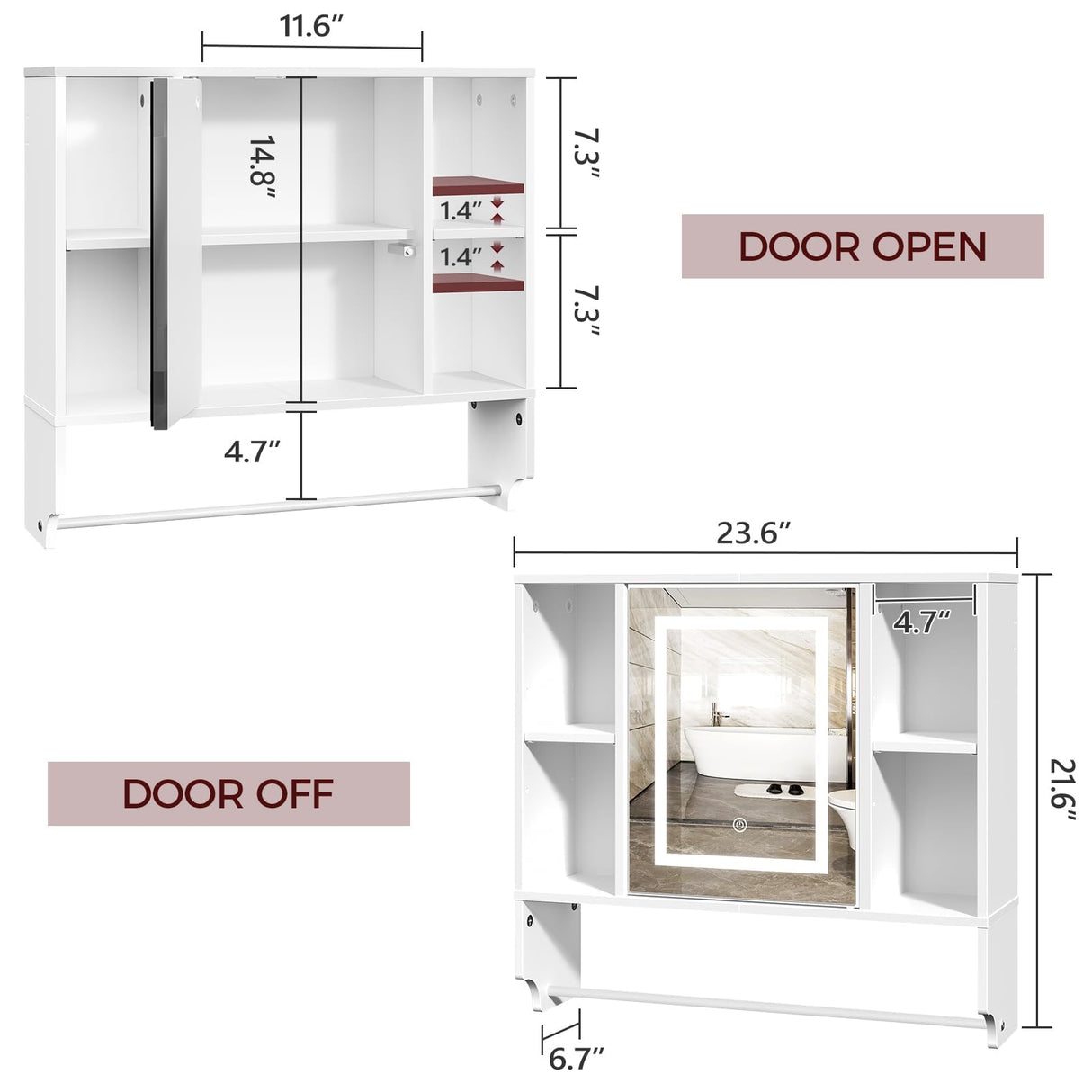 MAHANCRIS Bathroom Wall Cabinet with Mirror, Wall Mounted Medicine Cabinet with Color Adjustment LED Lights, Mirrored Over The Toilet Storage Cabinet with Adjustable Shelves, 23.6''W x 21.6''H, White MAHANCRIS
