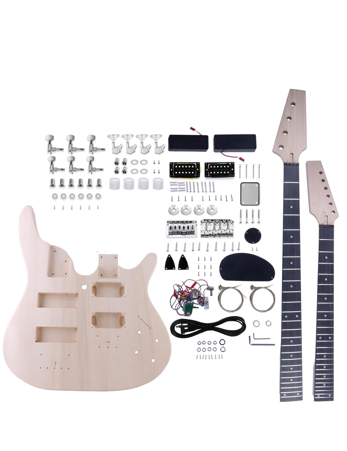 Fistrock DIY Electric Guitar and Bass Double Neck Kit 6 String and 4 String Guitar Kits Right Handed with Basswood Body Hard Maple Neck Chrome Hardware Build Your Own Bass and Guitar. Fistrock