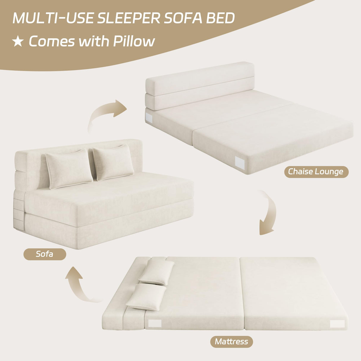 Luoxiao Folding Sofa Bed Convertible Sleeper Chair Full Size with Pillows, Foldable Futon Lazy Floor Sofa Bed, Portable Fold Out Chair Bed for Living Room/Dorm/Guest Room, Washable Cover, Off White Luoxiao