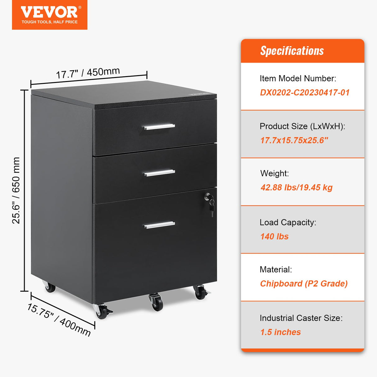 VEVOR File Cabinet, 3-Drawer Wood Filing Cabinet, Locking Office Cabinet for Letter/A4 Size, File Cabinet with 5 Wheels for Home Office, Black VEVOR
