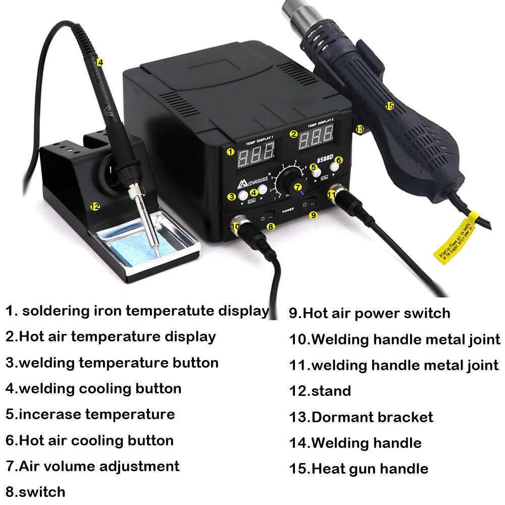 MYPOUOS 2 IN 1 750W LED Digital Soldering Station Hot Air Gun Rework Station Electric Soldering Iron For Phone PCB IC SMD BGA Welding SET 110V (8588D SET1) MYPOUOS