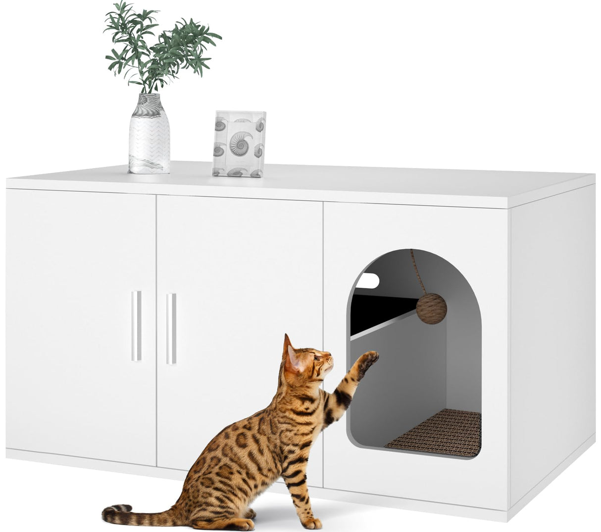Amunrbrek Litter Box Enclosure, Cat Litter Box Enclosure Furniture, Wooden Litter Box Furniture with 2 Enclosure Liner (White) amunrbrek
