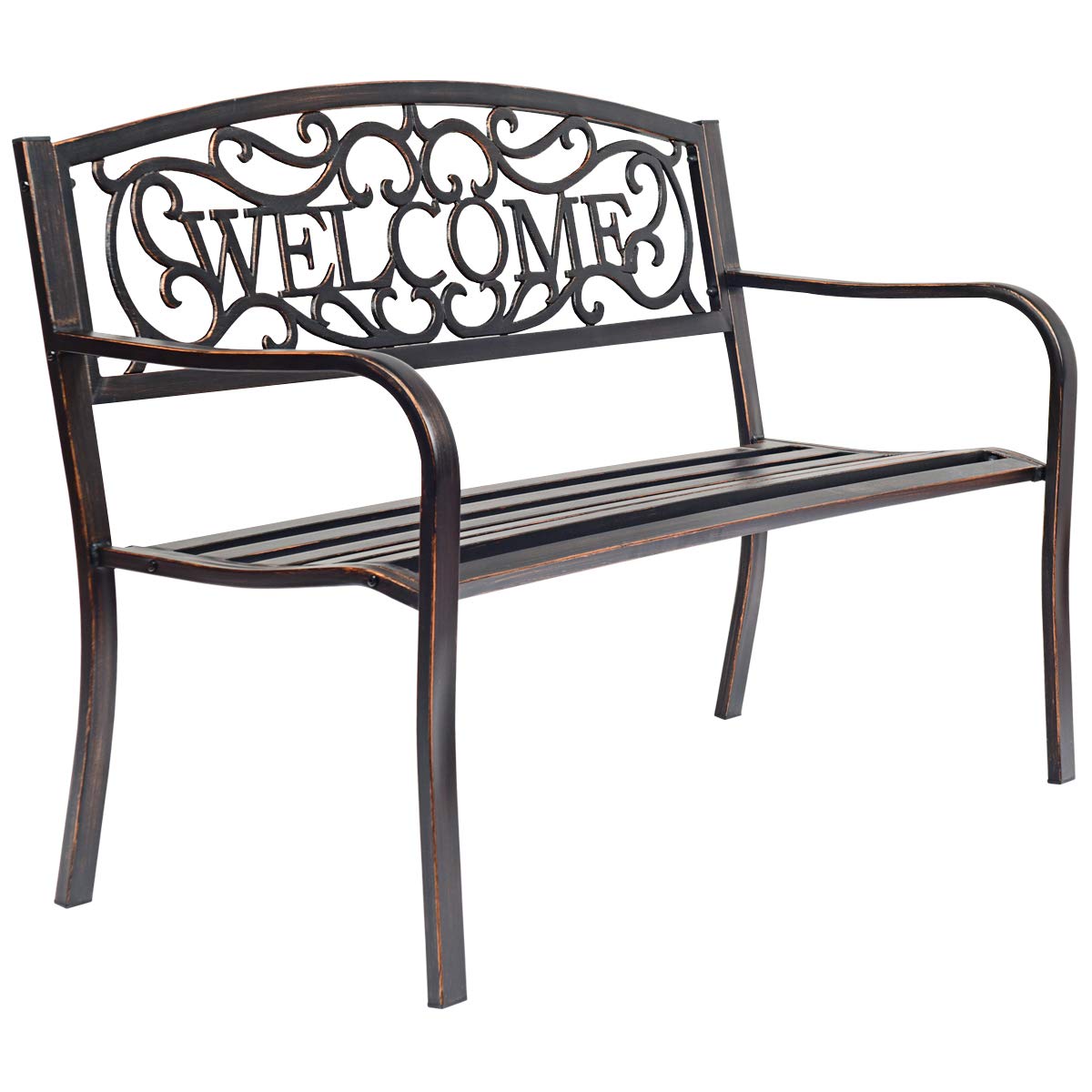 Giantex Garden Bench, Antique Metal Outside Bench w/Warm Welcome Pattern, Elegant Bronze Finish and Durable Metal Frame for Park Yard Porch Chair (Bronze) Giantex