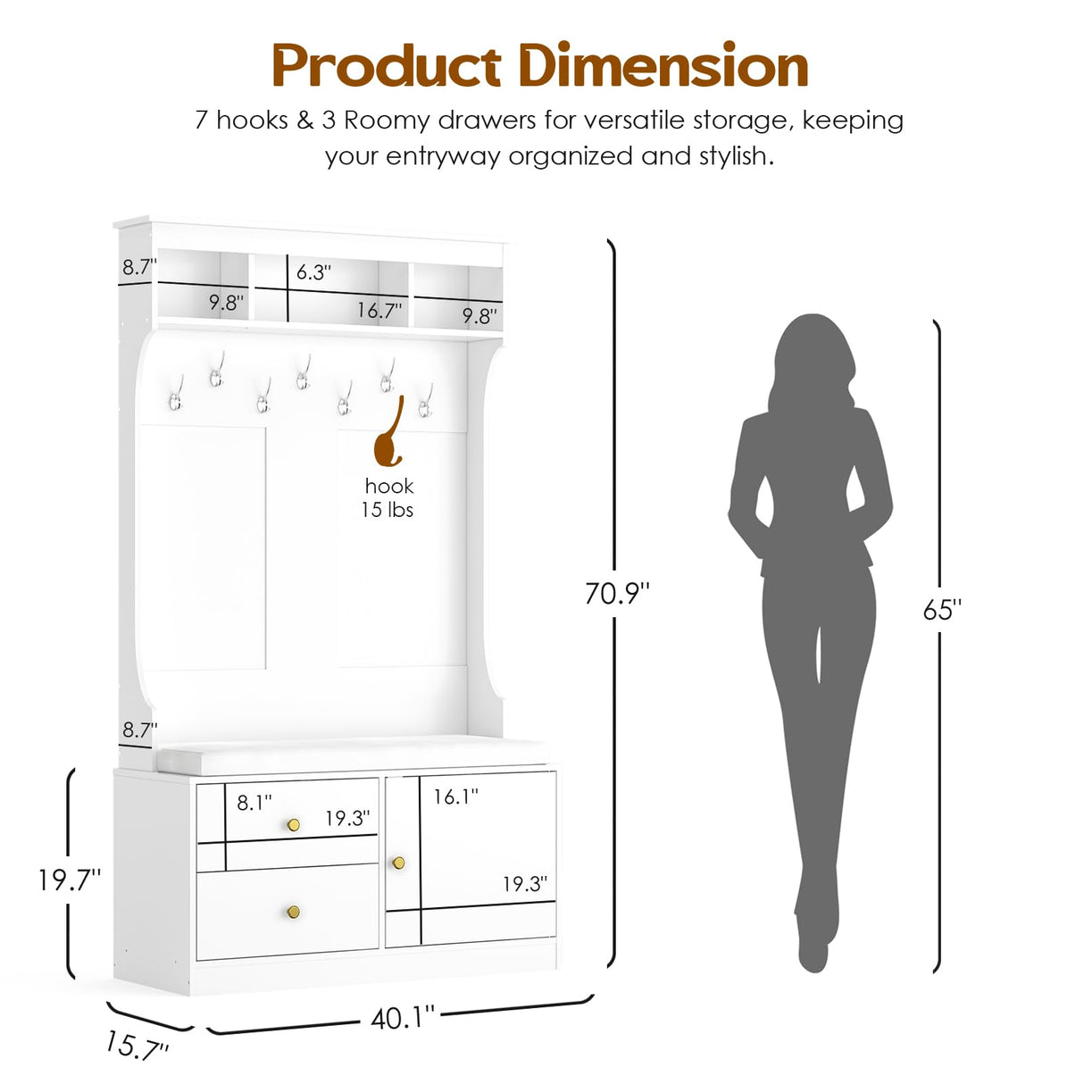Soohow Hall Tree with Bench and Shoe Storage, Mud Room Bench with Storage and Seating, Hall Tree with Shoe Storage with 7 Hooks, 6-in-1 Farmhouse Hall Tree with Bench for Entryway, 70.9", White Soohow