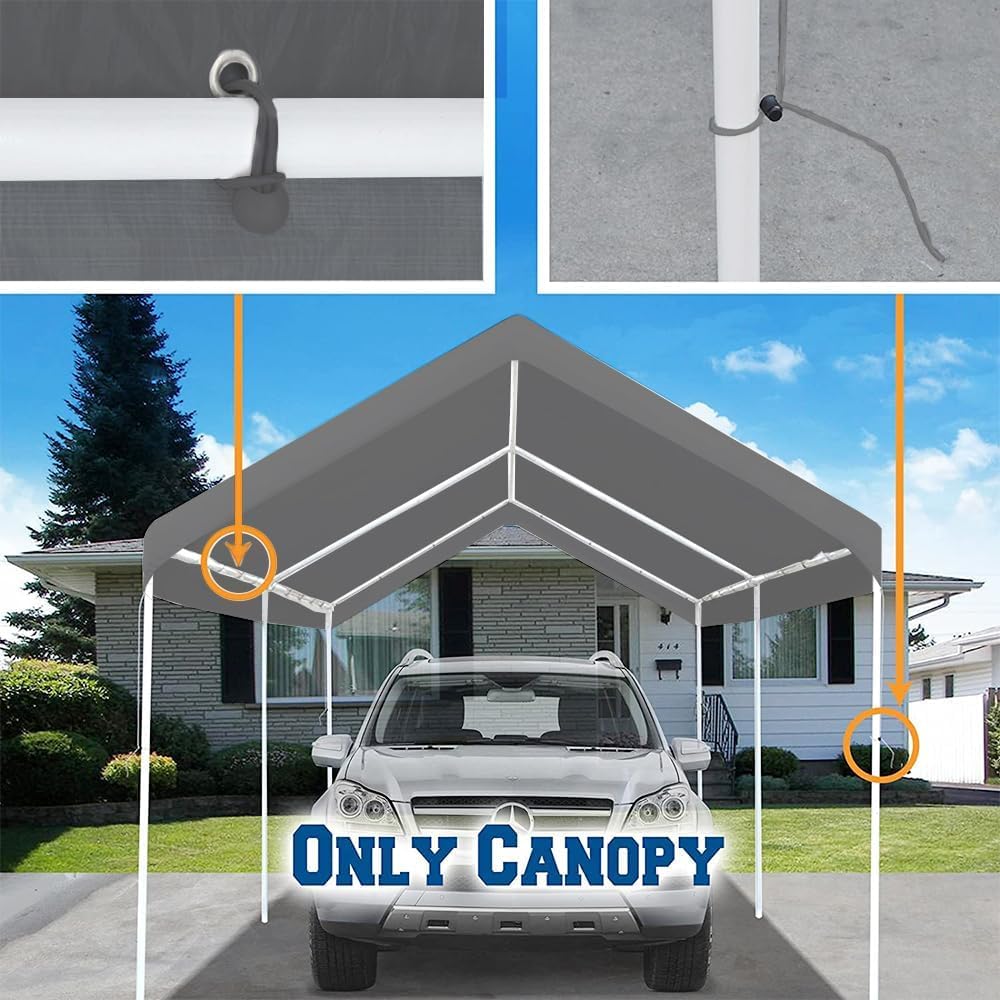 TGEHAP Carport Replacement Canopy Cover for Tent Car Garage Shelter Top Tarp Cover with Ball Bungees (Only Only Top Cover, Frame is not Included) (10' x 20', Gray) TGEHAP