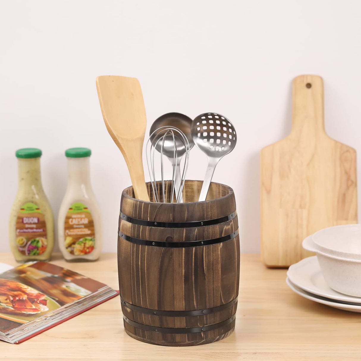 MyGift Wine Barrel Design Kitchen Utensil Crock, Vintage Rustic Burnt Wood Cooking Tool Holder MyGift