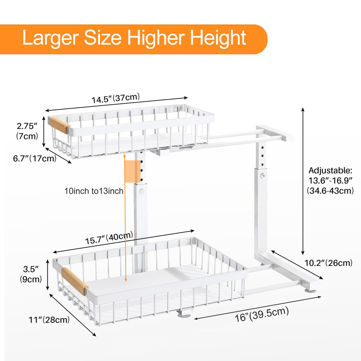 PXRACK 2 Pack Under Sink Organizer,Adjustable Height,2 Tier Pull Out Under Cabinet Organizer,Slide Out Thickened Metal Under Sink Storage for Kitchen Bathroom Laundry Cabinet Pantry,White PXRACK
