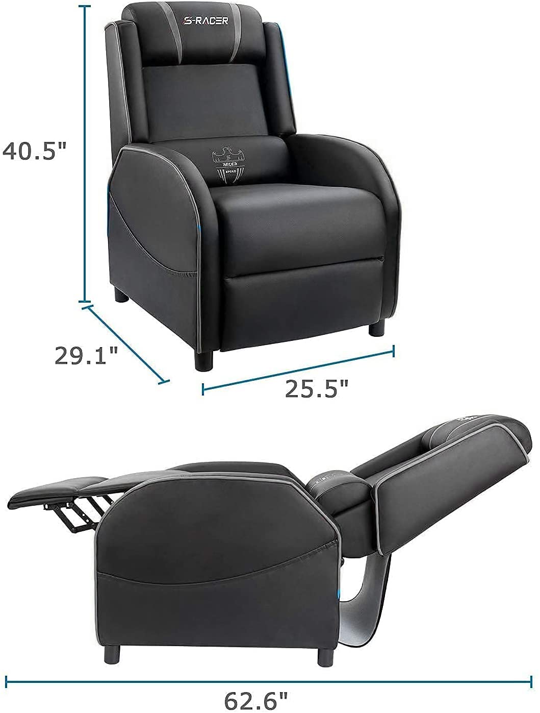 Homall Massage Gaming Recliner Chair, Racing Style Gaming Sofa, PU Leather Home Theater Seat, Living Room Ergonomic Comfortable Gamer Lounge(Grey) Homall