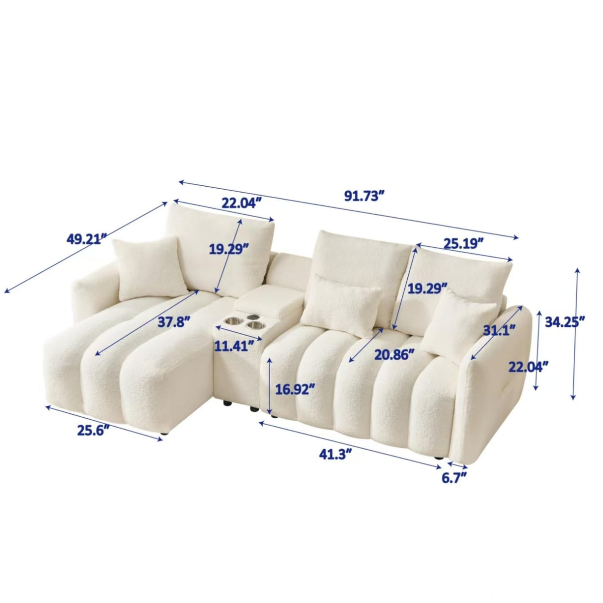 KEIKI 92" Chenille Sofa, 3 Seat Upholstered Couch with Center Console, USB Ports, Coffee Table, Deep Seat Couch for Living Room Bedroom Office Apartment, Off White KEIKI
