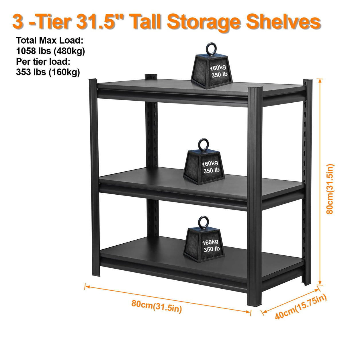 Jarbalai Black 3-Tier Heavy Duty Steel Shelving Unit, 1000 LBS Capacity Garage Shelving, Adjustable Storage Rack, 31.5" L x15.75 W x31.5 H, Industrial Shelves for Garage, Workshop, Home Organization Jarbalai