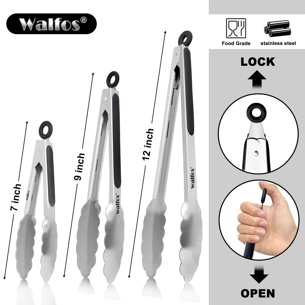 Food Grade Stainless Steel Kitchen Tongs for Cooking,BBQ - 7 ,9 and 12 Inch,Set of 3 Heavy Duty Locking Metal Food Tongs Non-Slip Grip Walfos