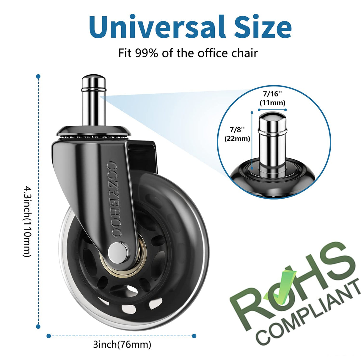 Office Chair Wheels Replacement, Transparent 3 Inch Heavy-Duty Computer Gaming Desk Rubber Casters,Smooth & Silence Gliding for All Floors Including Hardwood Carpet, Set of 5 COZYEHOO