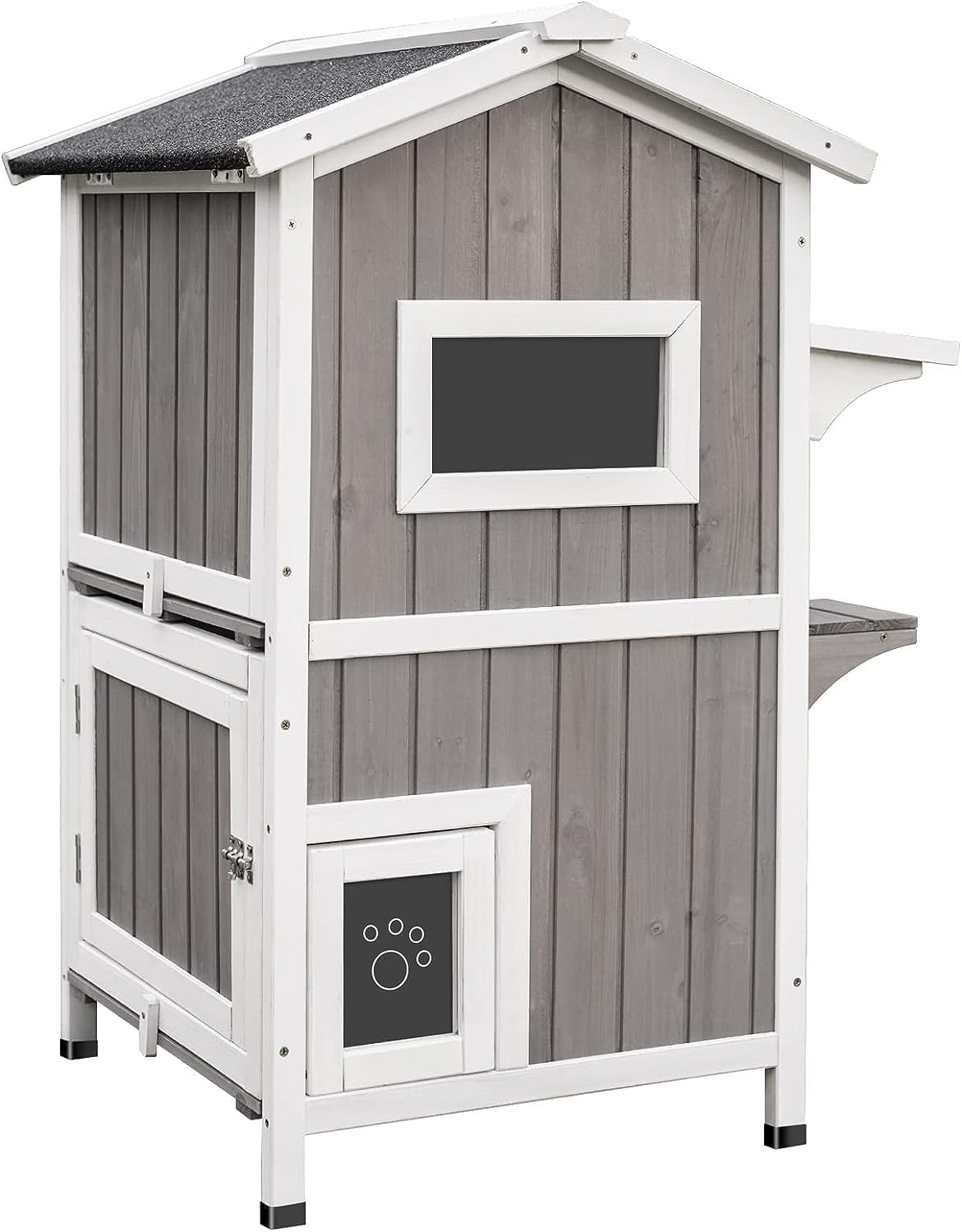 PetsCosset Outdoor Cat Shelter Weatherproof, Two Story Wooden Outside Feral Cat House with Openable Roof, Escape Door PetsCosset