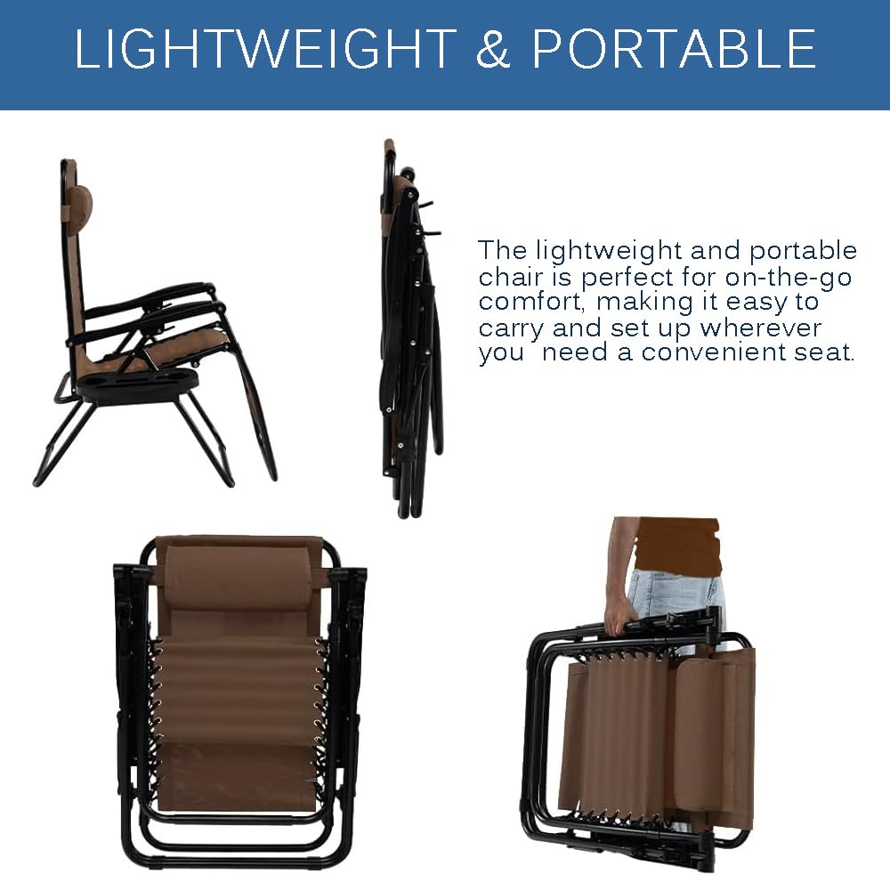 EZONE 1 Chair Zero Gravity Lounge Chairs Outdoor Adjustable Reclining Patio Chair Steel Mesh Folding Recliner for Pool Beach Camping Lounge Chair with Pillows and Cup Tray (1, Brown) EZONE