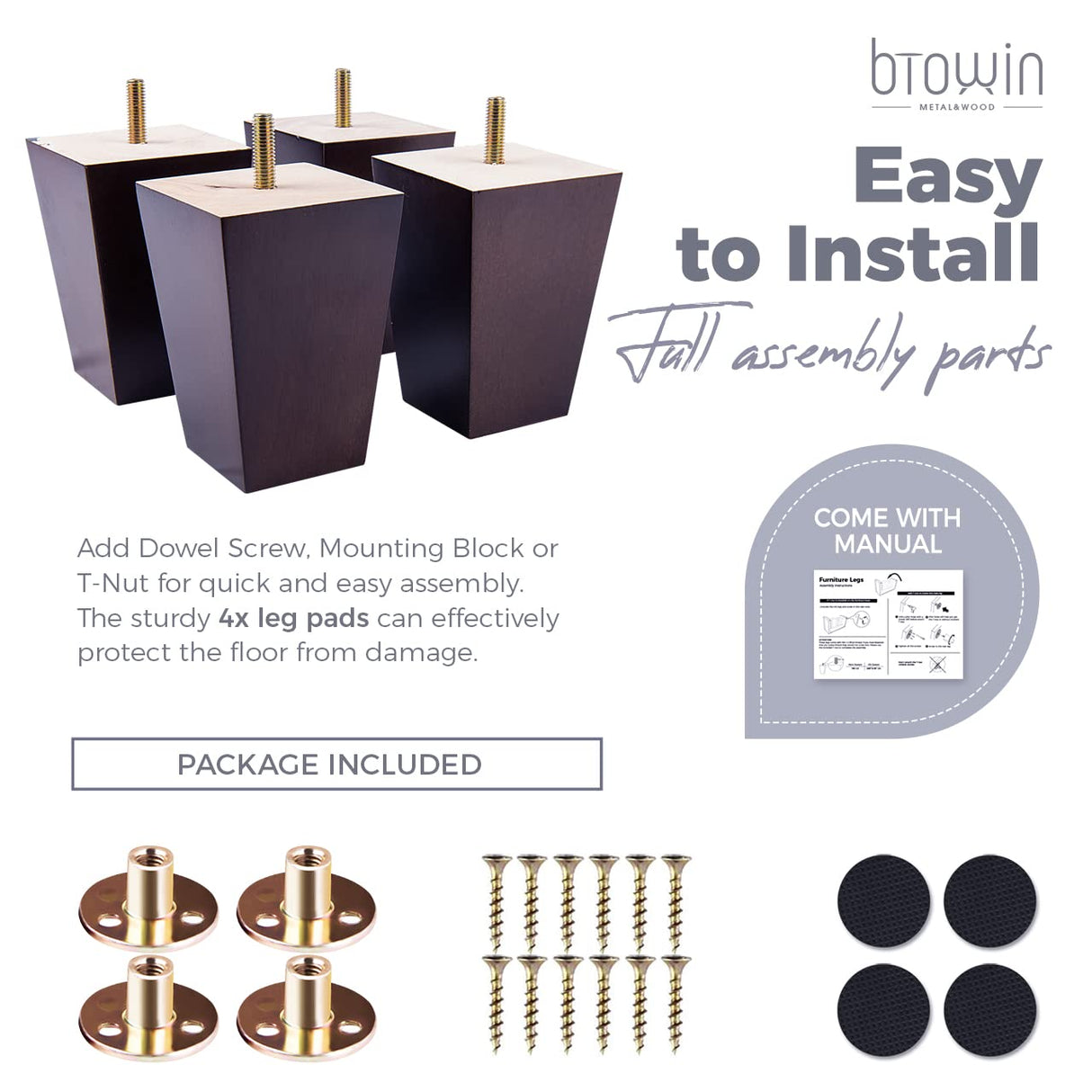 8 inch Solid Wood Furniture Legs, Btowin 4Pcs Mid-Century Modern Wooden Pyramid Replacement Feet with Threaded 5/16'' Hanger Bolts & Mounting Plate & Screws for Sofa Couch Chair Recliner Btowin