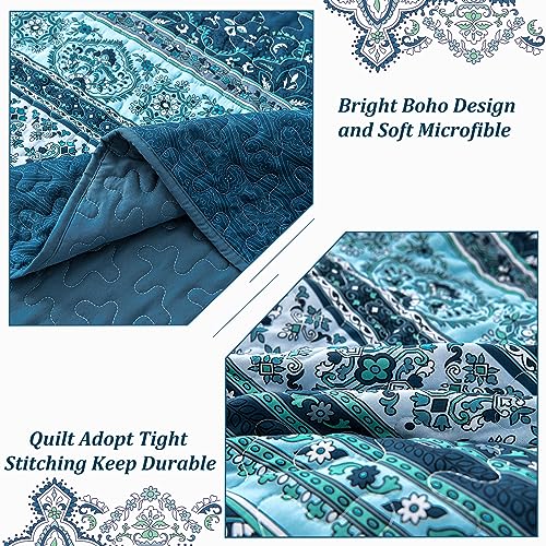 WONGS BEDDING Boho Queen Quilt Set, Blue Bohemian Queen Quilt Bedding Set, Lightweight Microfiber Bed Decor Bedspread for All Season 96"x90"(3 Pieces) WONGS BEDDING