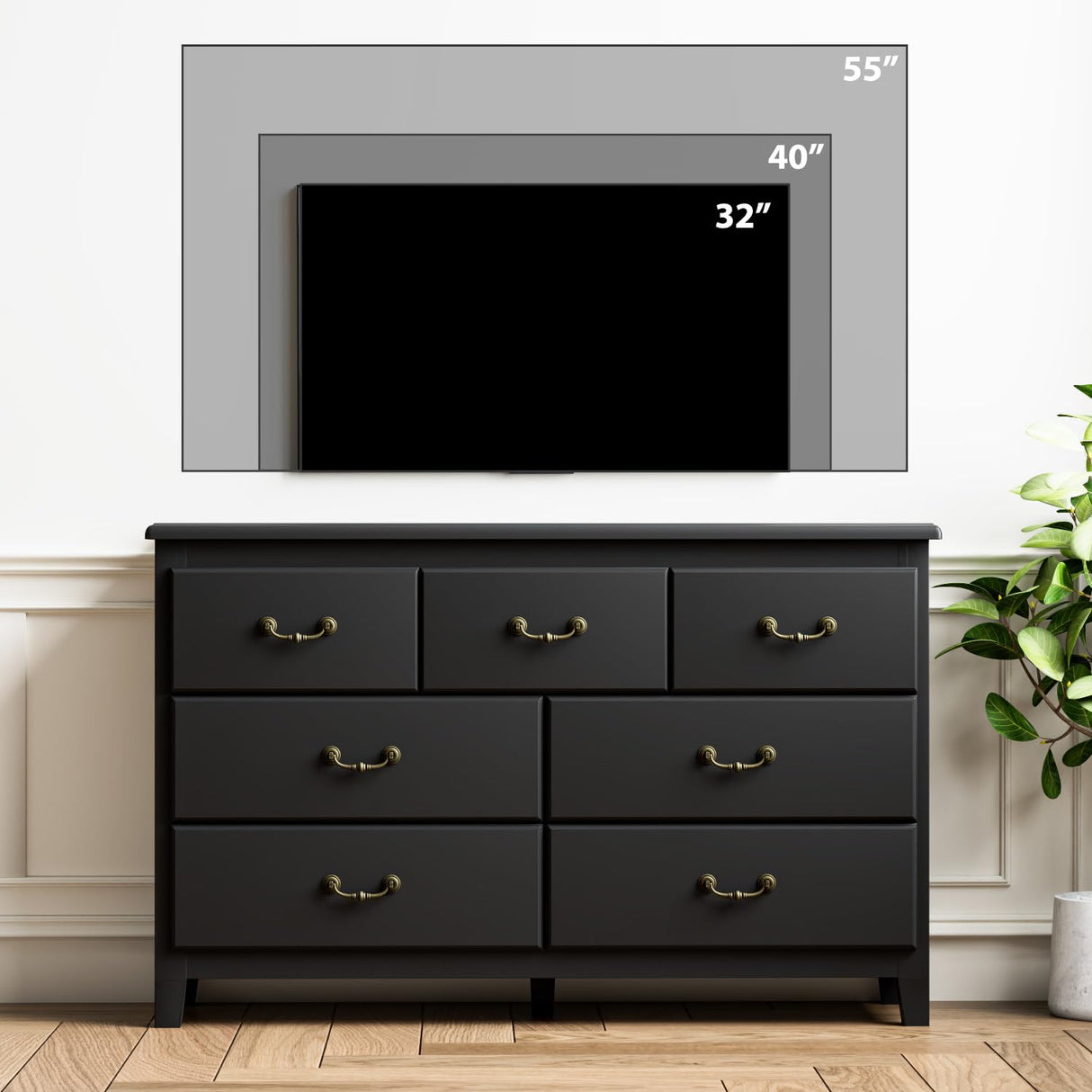 HOUROM Black Dresser for Bedroom, Modern Style 7 Drawer Double Dresser with Vintage Gold Antique Handles, Dresser and Chest of Drawers, Hallway 7 Drawer Dresser, Antique Black HOUROM