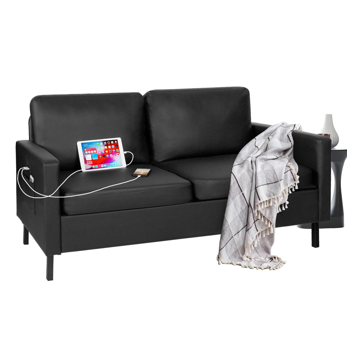 STHOUYN 56" W Faux Leather Loveseat w/ 2 USB, Black Love Seat w/Side Pockets, Small Loveseat for Small Space, Leather Couch for Bedroom, Apartment, Dorm, Black STHOUYN