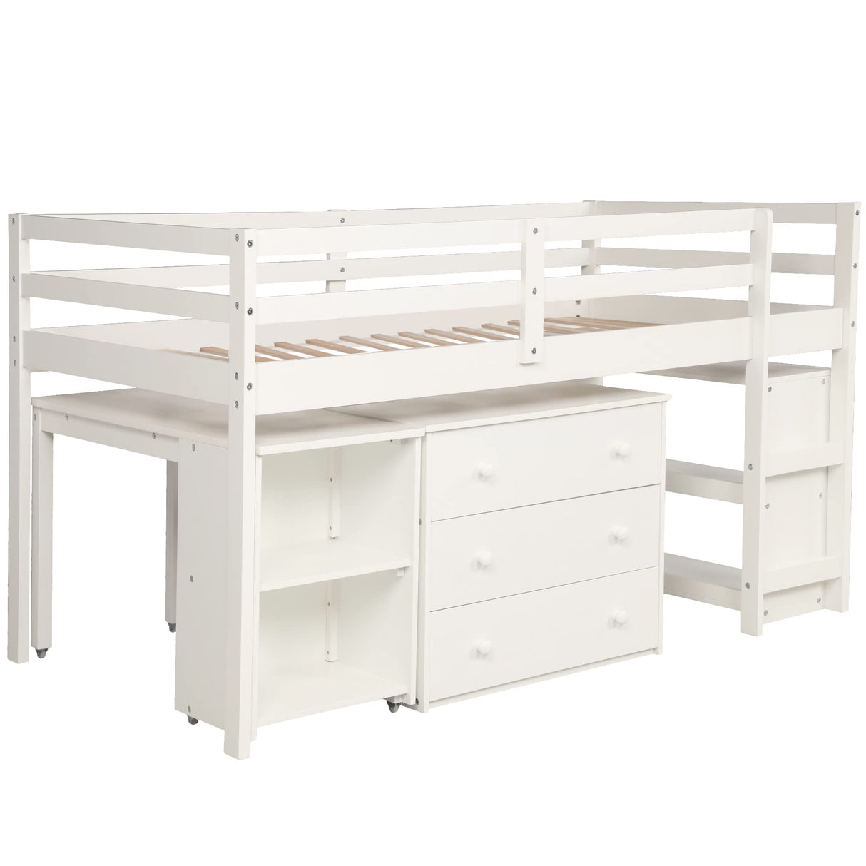 Twin Loft Bed with Desk Low Study Kids Twin Loft Bed with Storage Drawers, Low Loft Bed Twin for Kids Twin Loft Bed with Safety Guard Rails and Bookcase Shelf (White, Twin Loft with Desk) Harper & Bright Designs