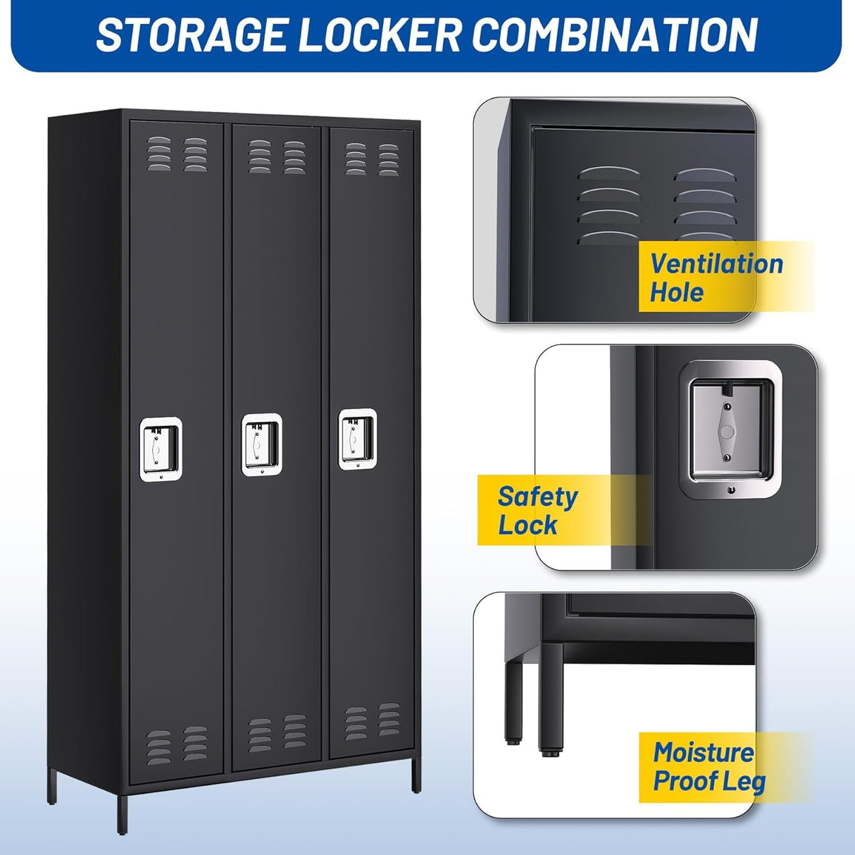 Towallmark Metal Storage Locker with 3 Doors, Metal Locker for Employees with 9 Hooks for Garage School Office Gym Home, Assembly Required, Black Towallmark