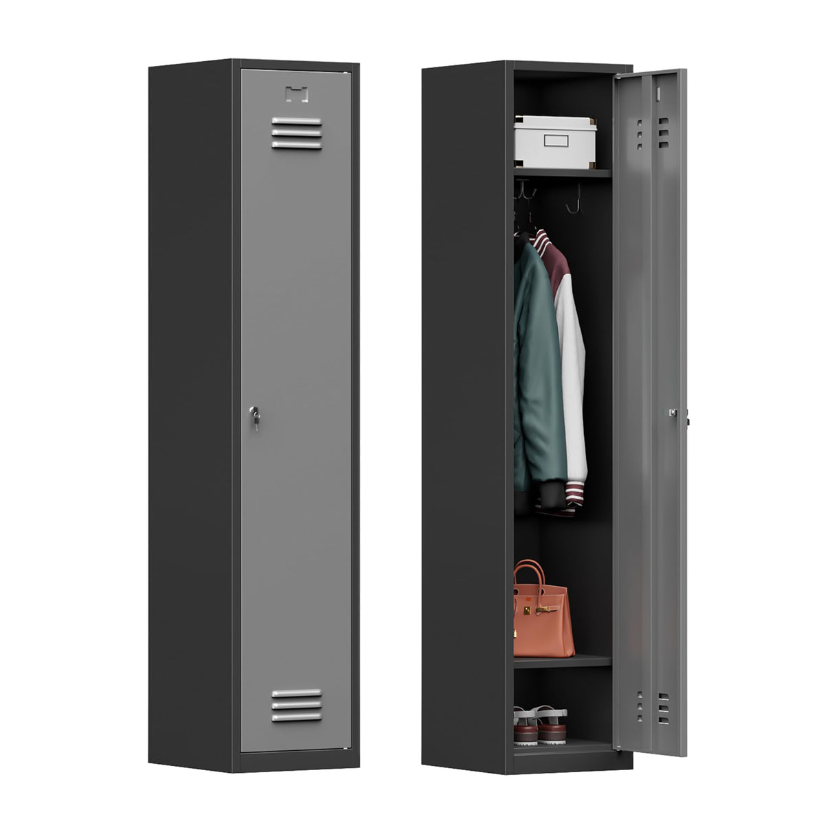 Kooyon Metal Lockers for Employees,71" Steel Storage Cabinet with 1 Door Lockable for Home,Gym,School,Office,Garage/Black Gray-Assembly Required Kooyon