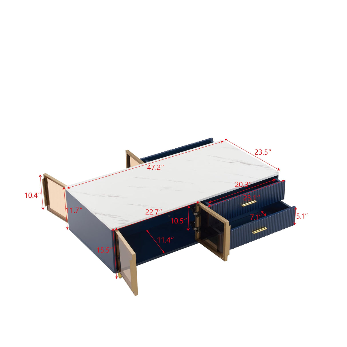 Modern Coffee Table with Glass Doors Storage, 47.2" Large Multi-Color Led Coffee Table with 4 Drawers and Gold Metal Legs, Wooden Rectangle Tea Table Center Table for Living Room, Navy Blue cloblane