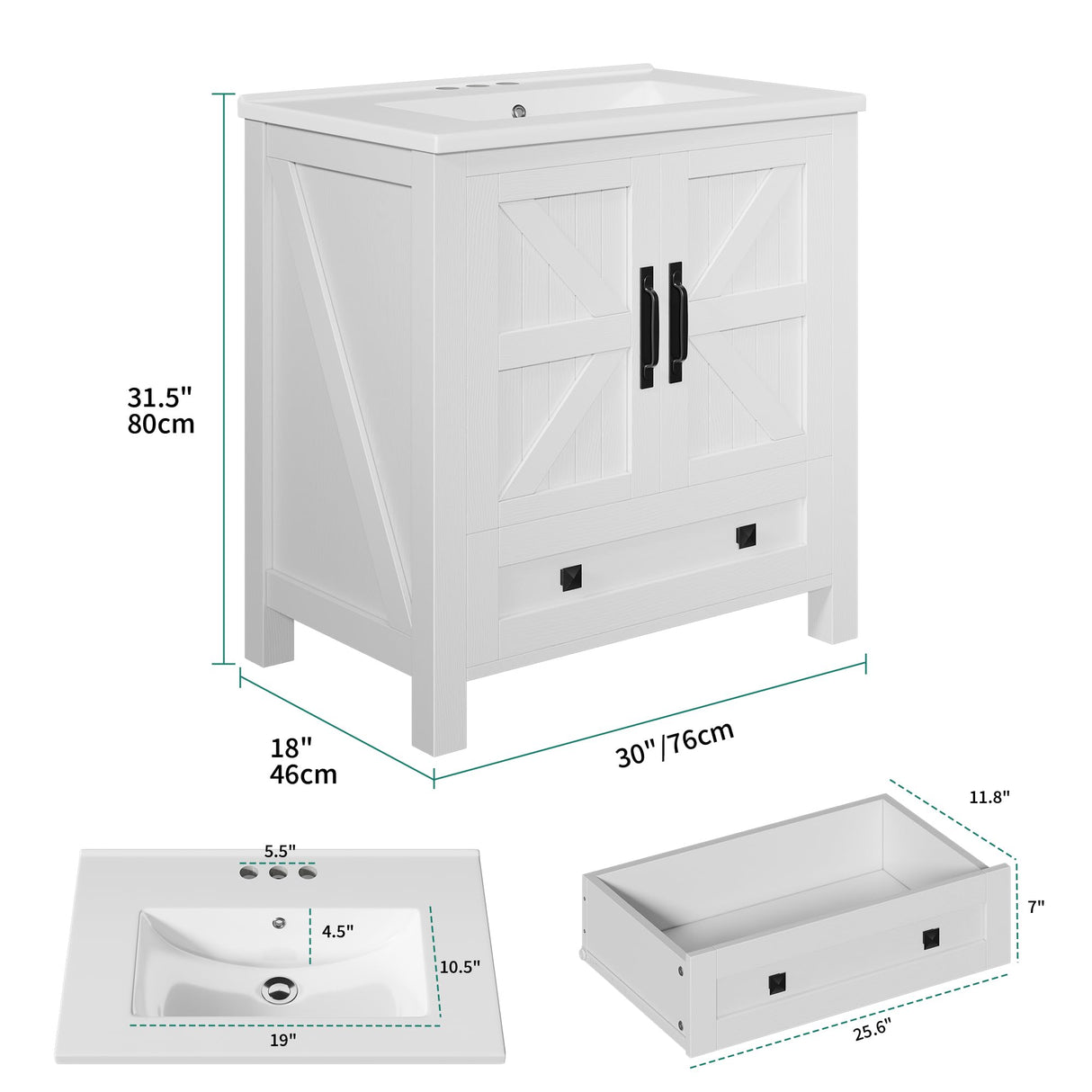 YITAHOME 30" Farmhouse Bathroom Vanity with Sink Combo, Small Space Bathroom Storage Cabinet with Large Drawer, 2 Soft-Closing Wood Barn Doors with Built-in Shelves, White YITAHOME