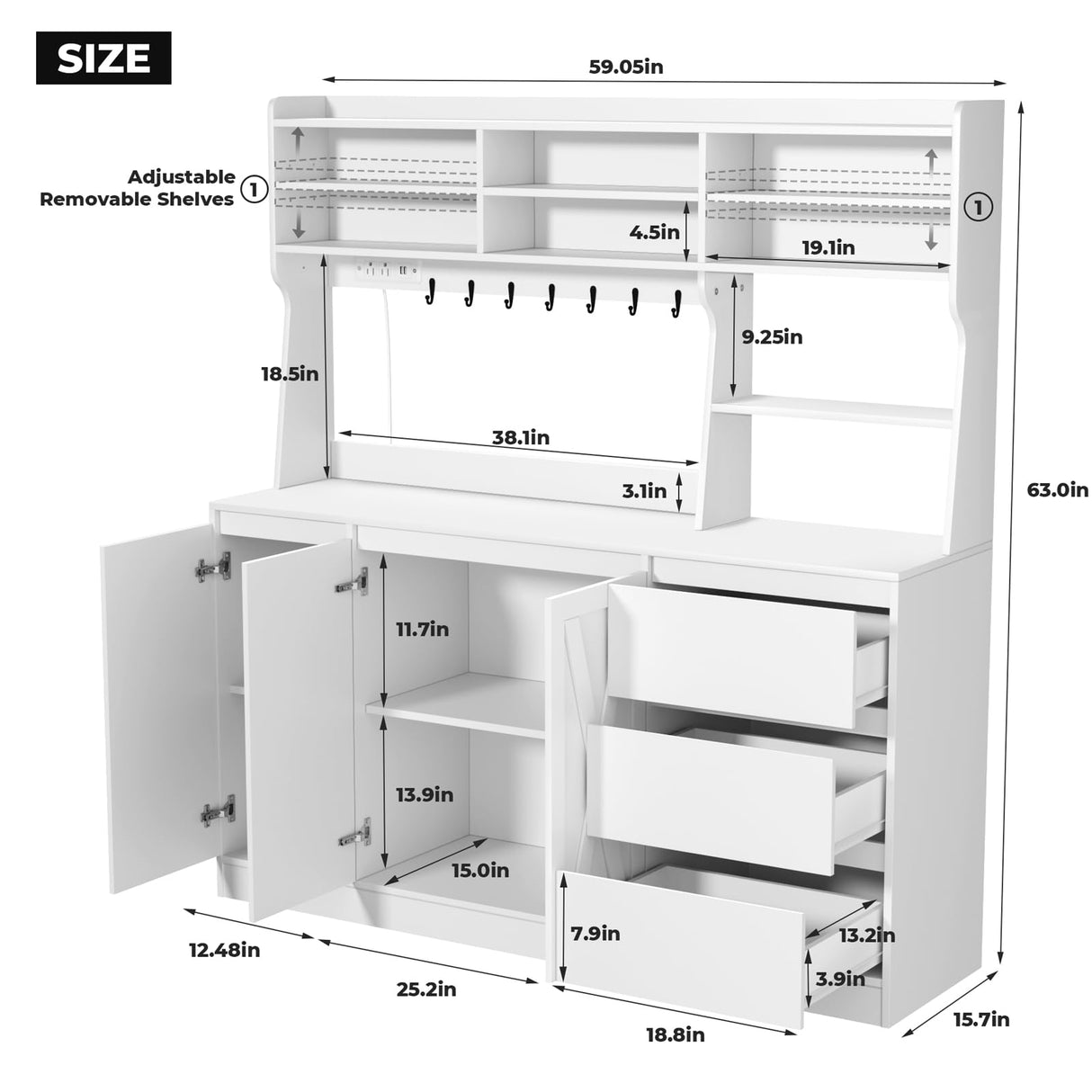 Gyfimoie Farmhouse Kitchen Pantry Cabinet with Power Outlet & LED Light, Large Coffee Bar Cupboard with Microwave Stand, 3 Doors & 3 Drawers, 7 Cup Holders & 8 Open Cubbies, Adjusted Shelves (White) Gyfimoie