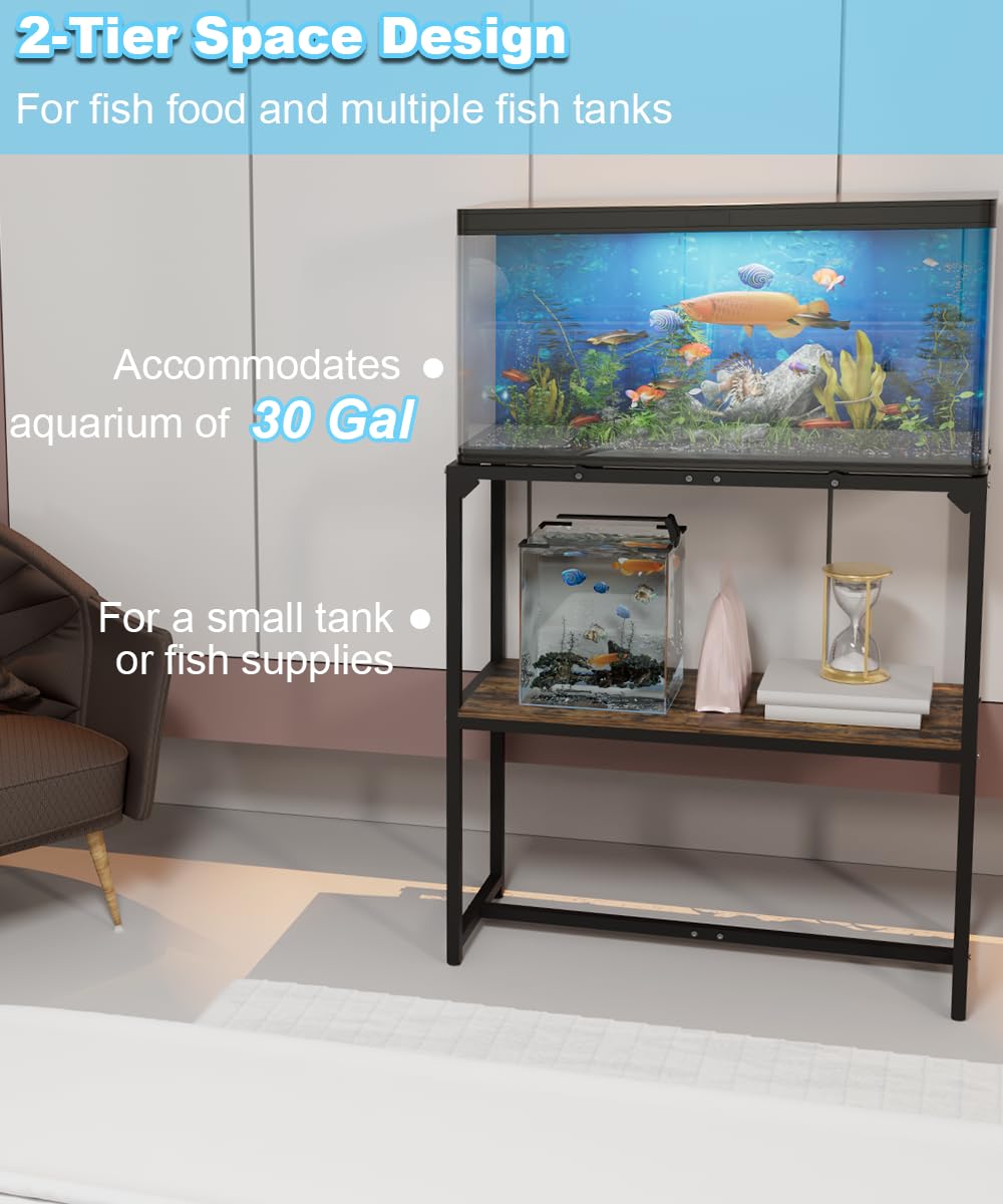 Mondazie 30 Gallon Fish Tank Stand, Upgraded Height Aquarium Stand Table with 2 Tiers Storage Shelf, Metal Reptile Breeder Turtle Terrarium Stand Rack for Home Office, 30" L x 12" W x 32.2" H, Black Mondazie