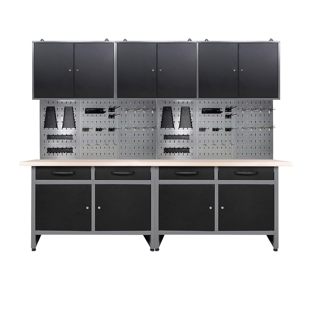 JZD Steel Garage Cabinets System Set, Includes Wood Workbench, Tool Cabinet, Black & Grey JZD