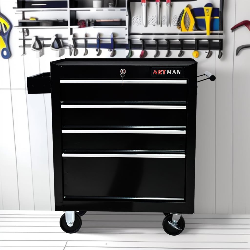 SumKea 4 Drawers Cart 24.25" Rolling Toolbox, with Key Locking and 4 Wheels Tool Boxes, Suitable for Garages, Warehouses, Workshops, Repair Shops, Black SumKea