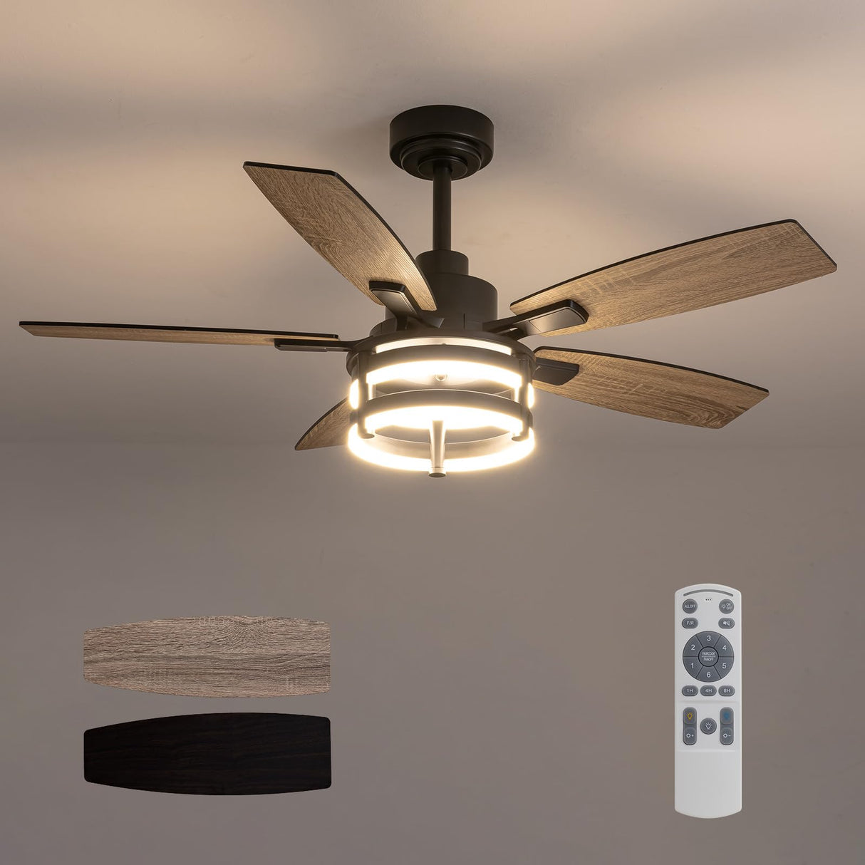 46 Inch Ceiling Fans with Lights and Remote Control, Farmhouse Ceiling Fan with LED Lighting for Bedroom Living Room and Patio, Black Caged Ceiling Fan for Indoor and Outdoor LuminFan