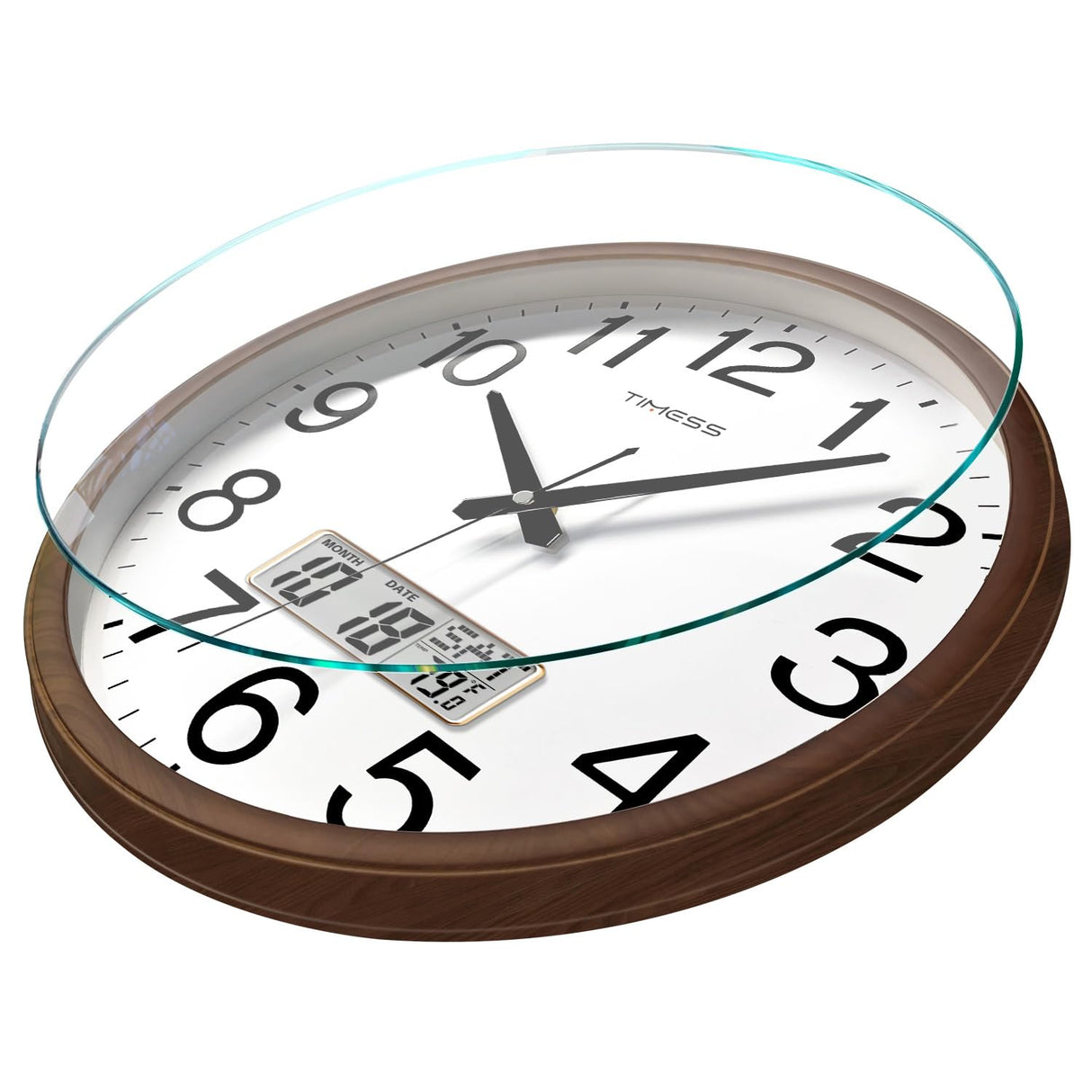 TIMESS Wall Clock, Classic Wood Style Finish, 11 Inch Non-Ticking Silent Battery Operated Quartz Analog with Perpetual Calendar and F° Temperature Display, Home, Office Décor (Wood Brown) TIMESS