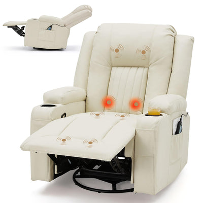 YODOLLA Massage Recliner Manual Chair with Heating & 360° Swivel Rocking Function, Morden Recliner PU Leather Chair for Adults with Two Cup Holders and Side Pockets for LivingRoom/RV, Cream White