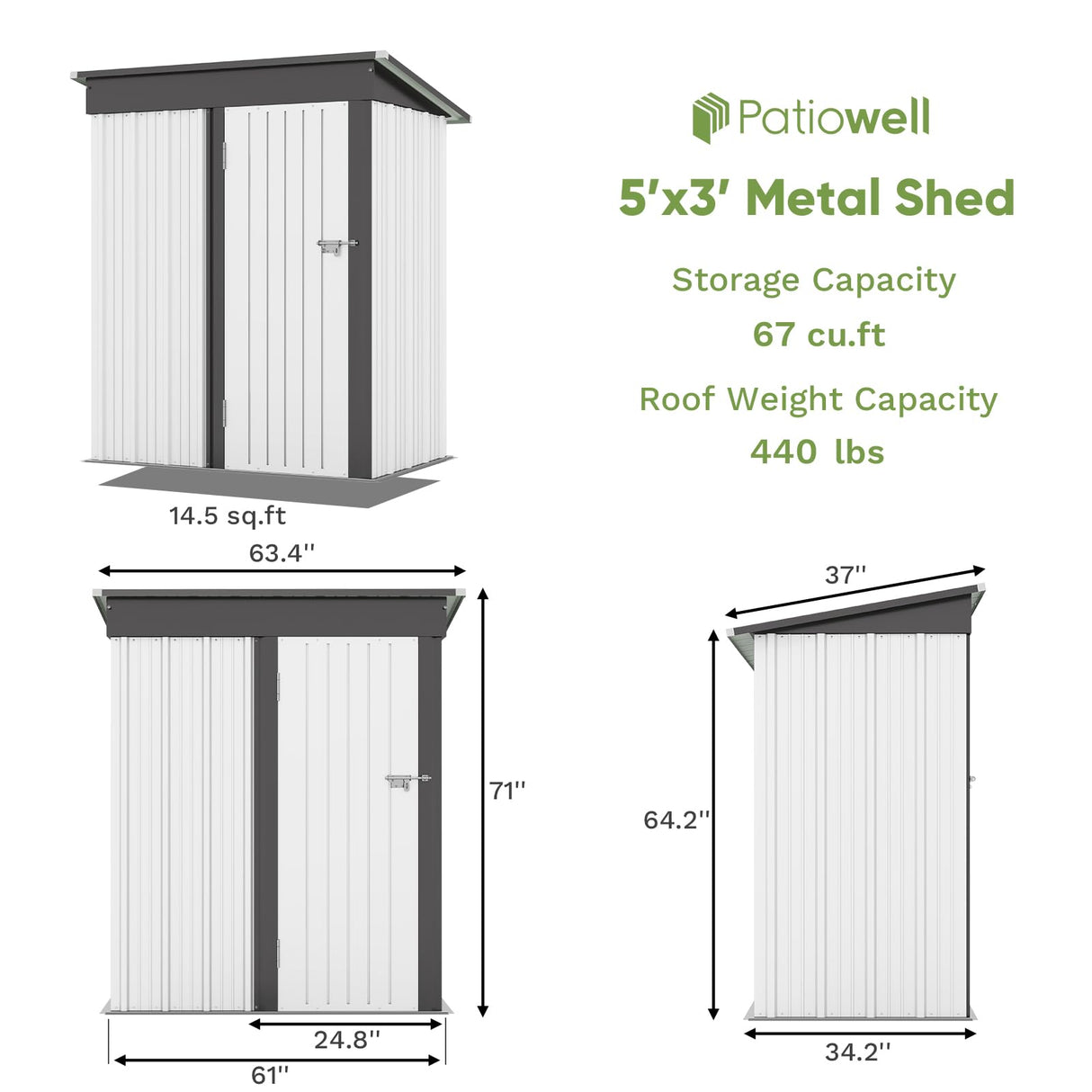 Patiowell 5x3 FT Outdoor Storage Shed, Garden Tool Shed with Sloping Roof and Lockable Door, Metal Shed for Backyard Garden Patio Lawn, White Patiowell