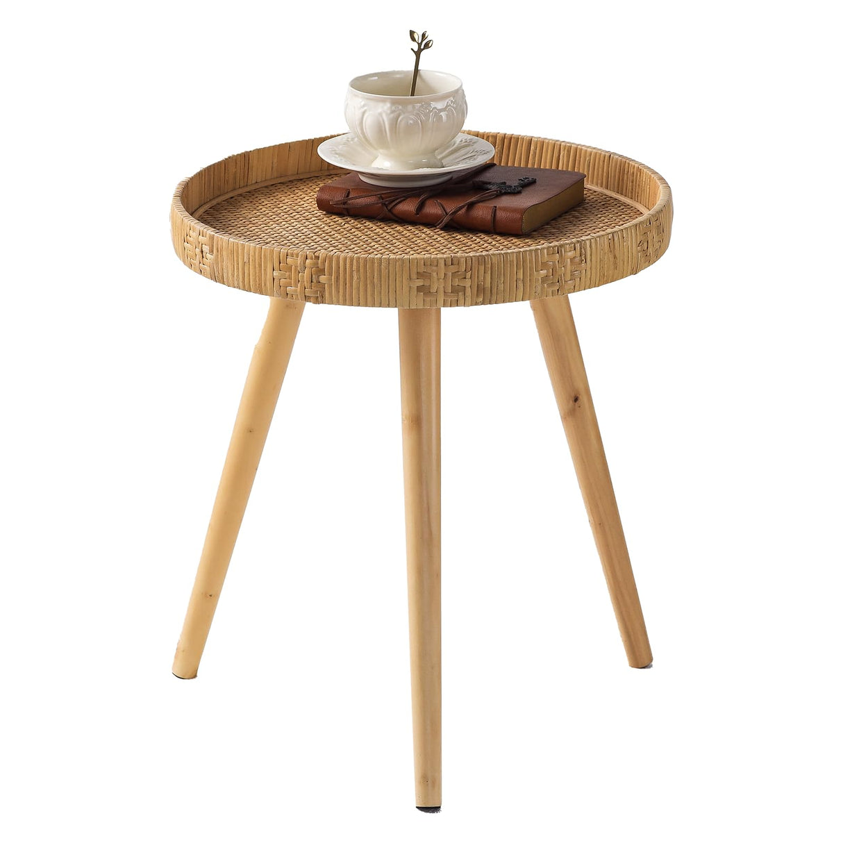 HuiDao Round Side Table, Boho Circle End Table Coffee Table with Solid Wood Leg, Rattan Side Tables Living Room for Small Spaces, Bedroom, Corners