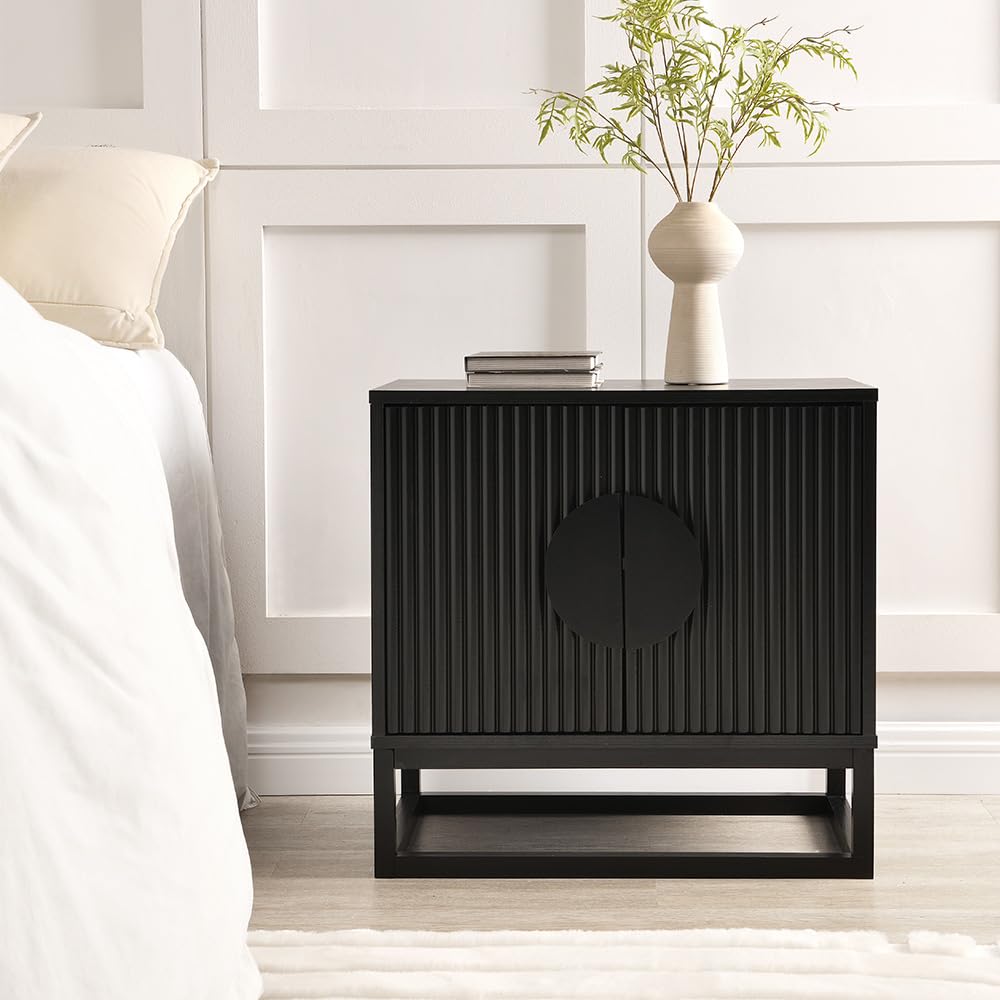 conifferism Modern Black Night Stand 24" Wide with Solid Wood Doors, Bedroom Nightstand 24" Tall Bedside Tables, Mid Century Vintage Fluted Sofa End Side Table Living Room conifferism