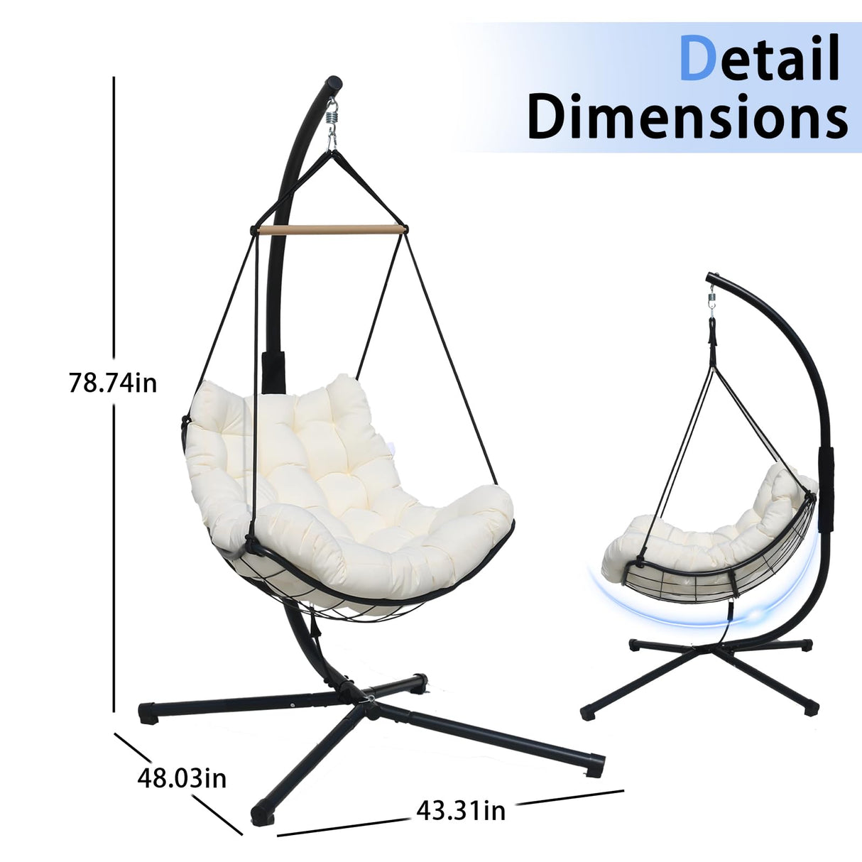 Single Hanging Swing Egg Chair With Stand, Polyester Static Rope + Wire Netting, With Thickened Uv Resistant Removable Cushions, 350lbs Capacity For Living Room Bedroom Balcony Patio Xmas Gift (White) VIXLON