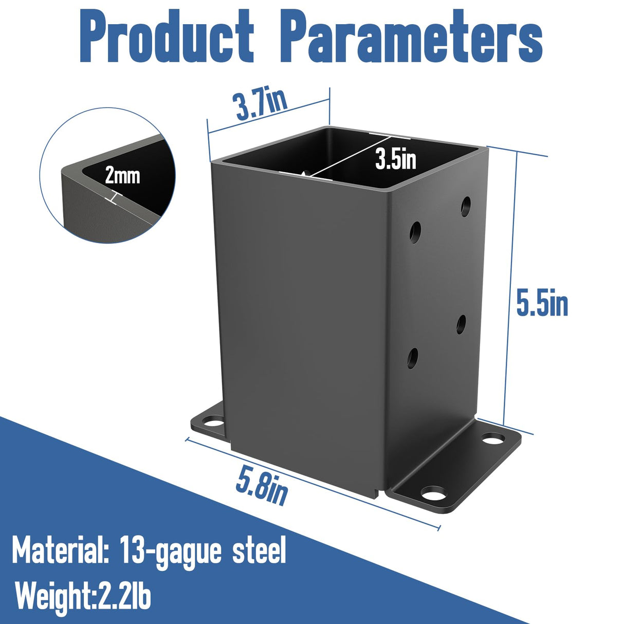 4x4 Post Base 2 Pcs, Heavy Duty Post Anchor with Anti-Corrosive Partition, Inner Size 3.5"x3.5", 13 Gauge Thick Solid Steel, Rust-Proof Powder-Coated Wood Fence Post Brackets for Support Deck, Pergola QZER