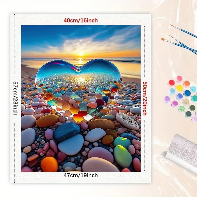 Romantic Paint by Numbers Kit for Adults - DIY Heart Glass and Pebble Beach Sunset Painting on Canvas 16x20 Inches,Acrylic Paint Set,Suitable for Beginners,Love Art for Home Decoration/Gifts TAOPAOLAB