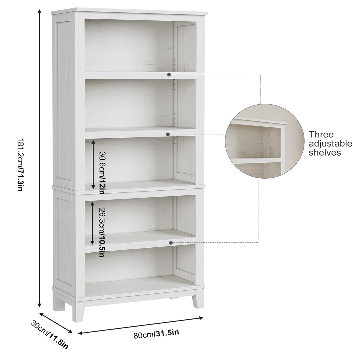 IDEALHOUSE 71" Farmhouse Bookshelf w/Adjustable Shelves & 31.5 in Whidth, 5 Tier Tall Bookshelf with Wooden Legs, Vintage Wooedn Book Shelf for Living Room Office (White, 71.3" H x 31.5" W x 11.8" D) IDEALHOUSE