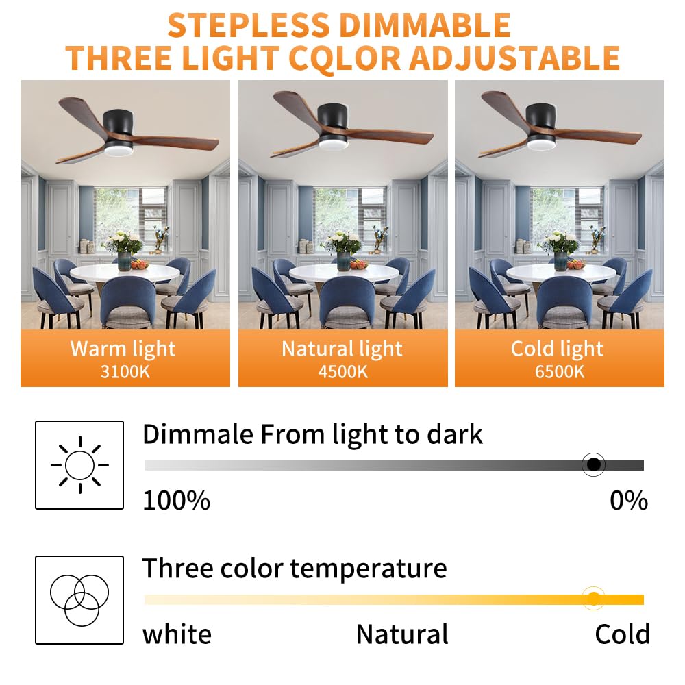 LINJO 42 inch Wood Ceiling Fans with Lights and Remote, Flush Mount Ceiling Fan,Quiet & Reversible DC Motor for Bedroom/Outdoor/Farmhouse/Patios LINJO