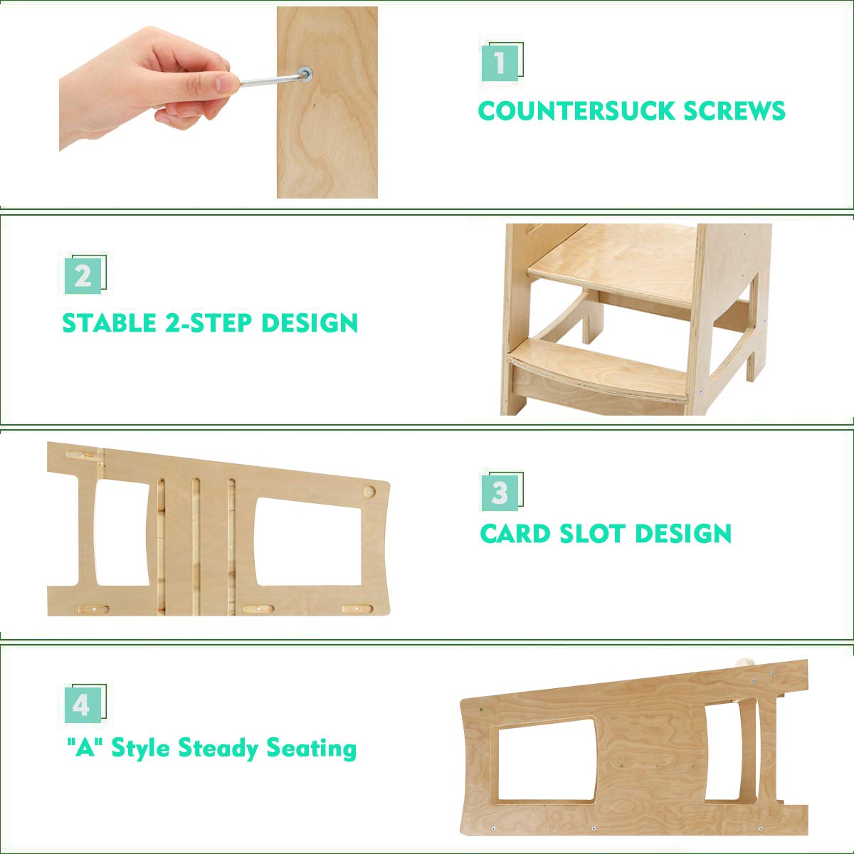 EGREE Toddler Kitchen Step Stool with Safety Rail Kids Wooden Standing Tower for Kitchen Counter and Bathroom Sink, 3 Heights Adjustable Step Up Stool Mothers' Helper, Solid Wood Construction, Natural EGREE