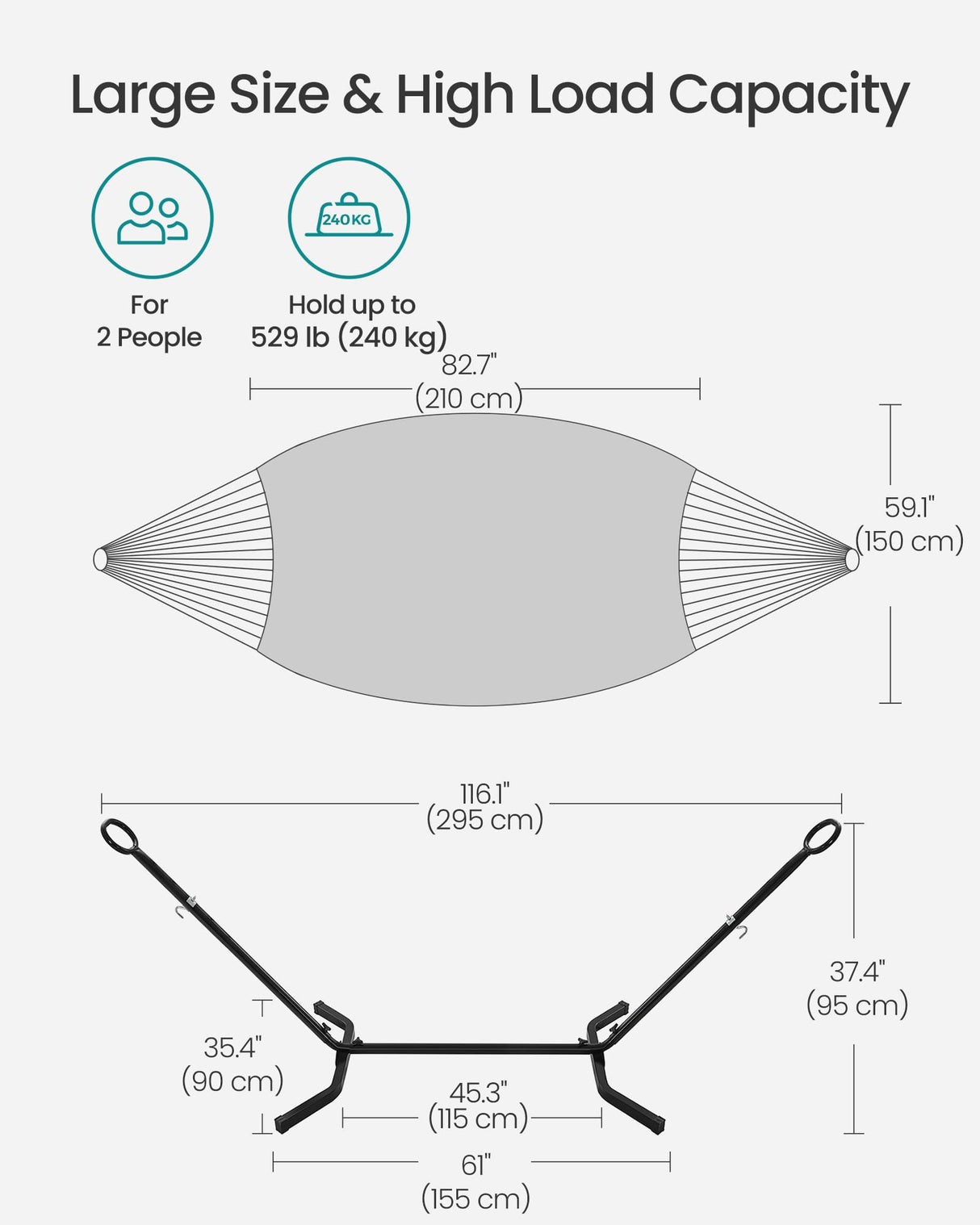 SONGMICS Double Hammock with Stand, 82.7 x 59.1 Inches, 529 lb Load Capacity, Portable Hammock, for Terrace, Balcony, Garden, Outdoor, Camping, Black and Gray UGHS001G01 SONGMICS