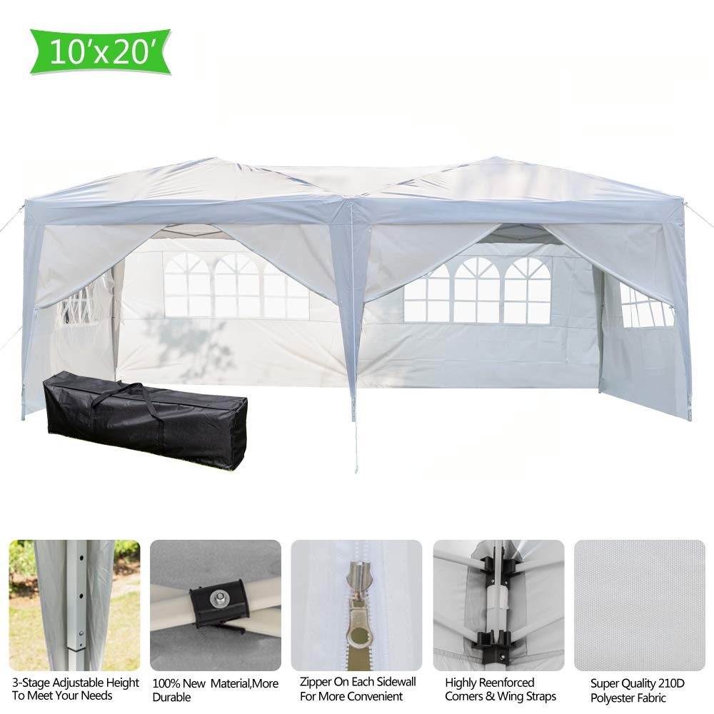 DOINUO 10x20 White Pop Up Canopy Tent Heavy Duty with 6 sidewalls Commercial Outdoor Party Tent Event Wedding Tents Instant Canopy Gazebo with Carry Bag UPF 50+ Waterproof Adjustable Height DOINUO