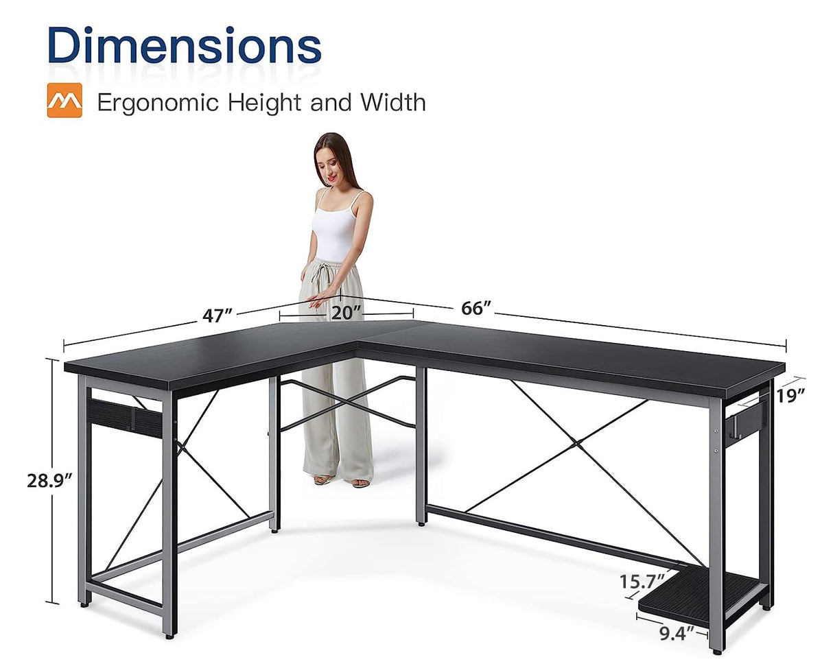 Coleshome 66" L Shaped Gaming Desk, Corner Computer Desk, Sturdy Home Office Computer Table, Writing Desk, Larger Gaming Desk Workstation, Black Coleshome