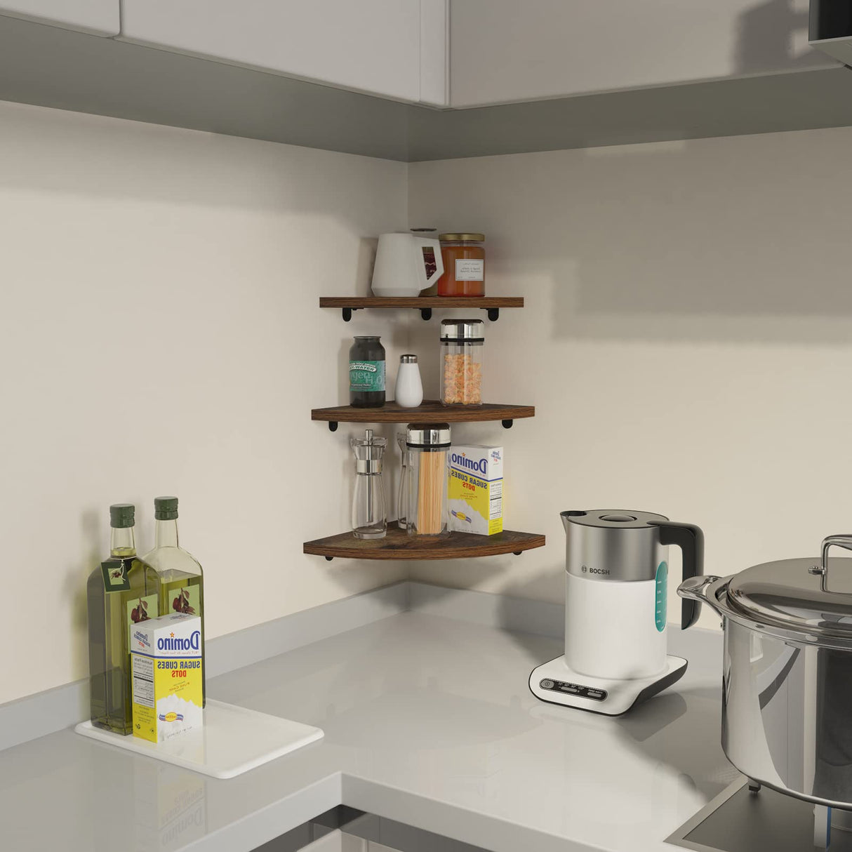 HORLIMER 6 Pack Wall Mount Floating Corner Shelf, Rustic Wood Corner Wall Shelves for Bedroom, Living Room, Bathroom, Kitchen HORLIMER