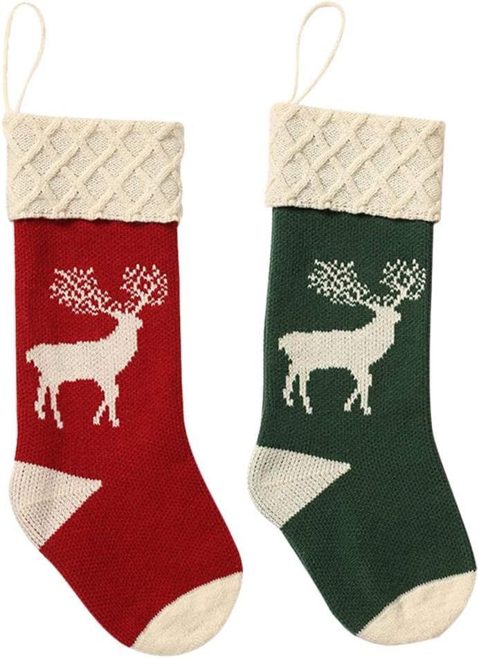 Guojanfon Christmas Stockings,Big Size 2Pack 18-Inch Extra Long Hand-Knitted Red/Green Reindeer Snowflakes Xmas Character for Family Holiday Season Decor Guojanfon