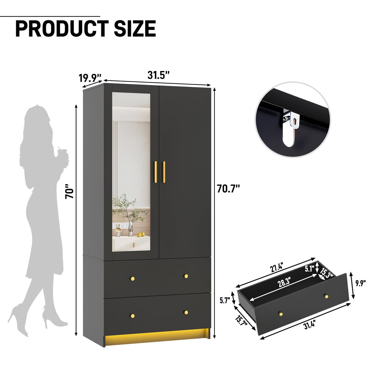 jiteentarou 2 Door Wardrobe Closet with Mirrors and LED Lights, Small Bedroom Armoire with Drawers, Modern Wooden Armoire Wardrobe Closet with Hanging Rod for Bedroom, Black jiteentarou